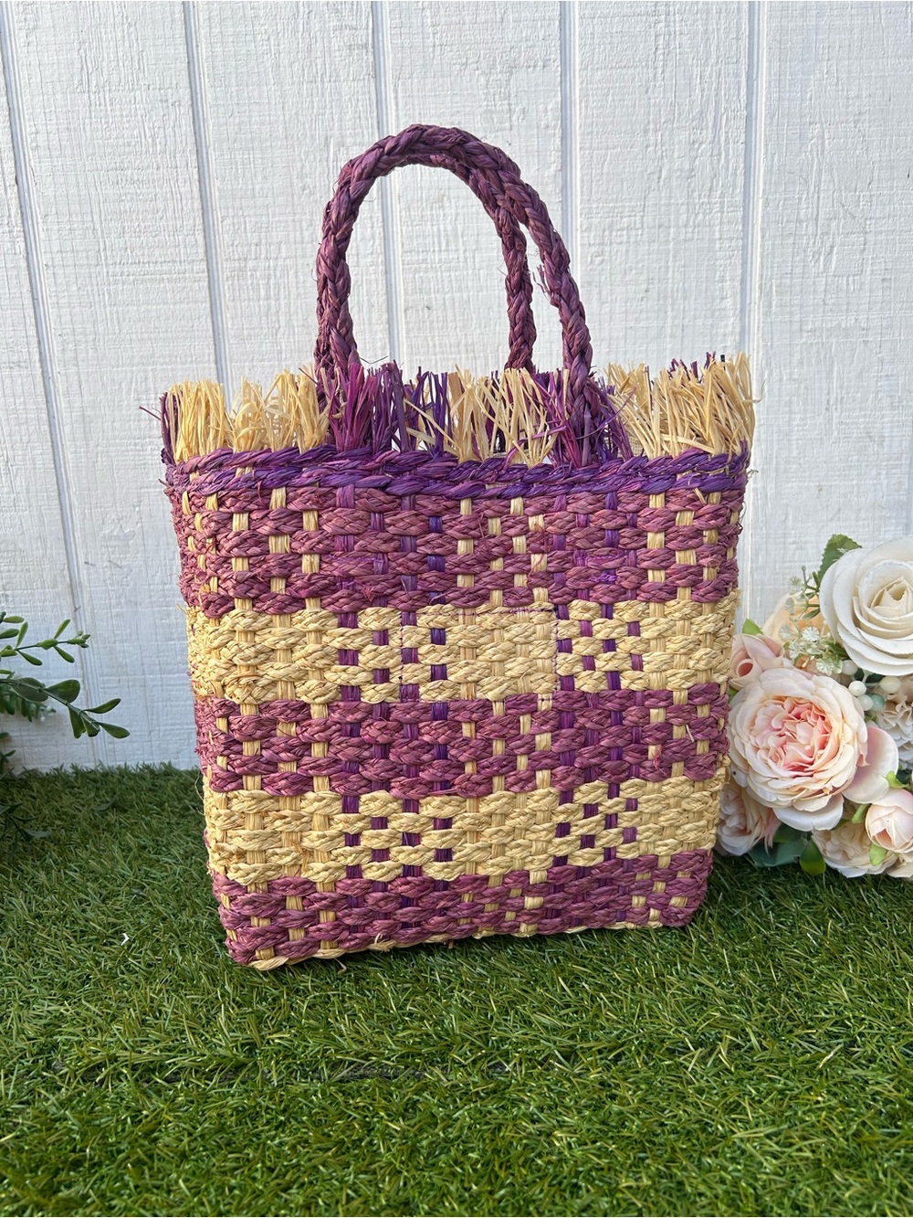 L Space - Charlie Bag - Berry Woven Straw Tote Bag in Purple and Natural New - Picture 4 of 16
